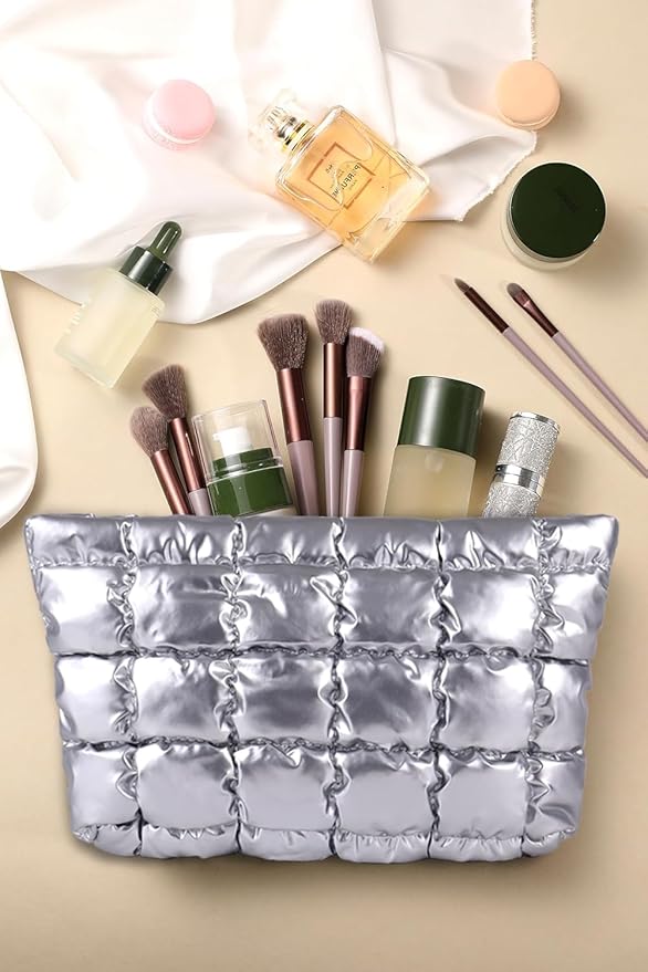 Puffy Quilted Makeup Bag, Cosmetic Bag, Travel Toiletry Organizer Pouch, Clutch for Women (Silver)