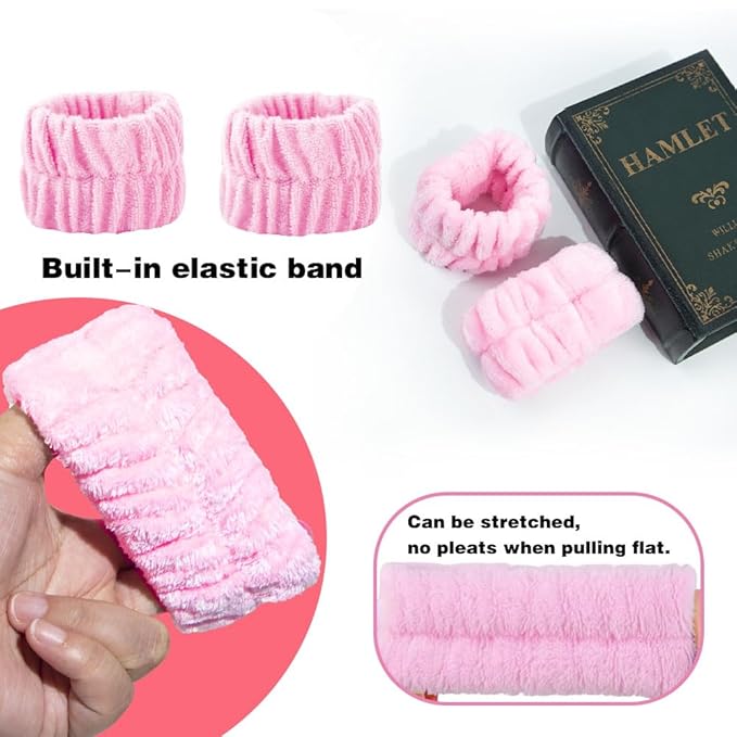 CHASESUN SPA Headband Skincare Hair Band Bubble headband Set for Washing Face Makeup Skincare SPA Bubble with Wristbands Set Pink