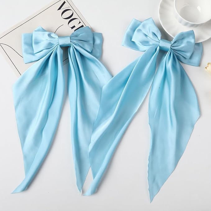 2PCS Big Hair Bow Clips for Women Girls – Light Blue Satin Ribbon Bow Barrettes with Long Tails, Large Pastel Hair Accessories for Ponytail, Spring & Casual Styling