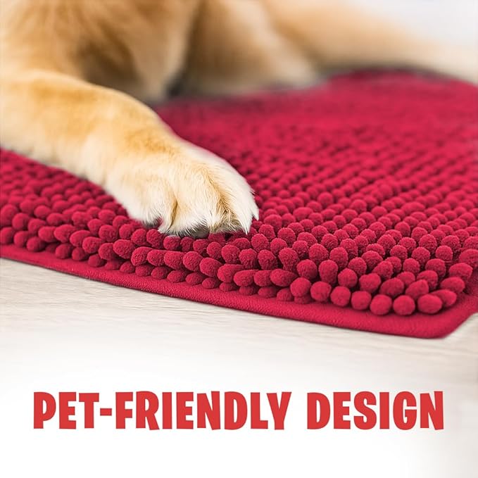 MudGuard Mat™ Dog Door Mat for Muddy Paws, Super Absorbent Microfiber, Non-Slip Indoor Mat, Quick Dry Chenille Mud Mat for Dogs & Entryway, Washable, Red 24" x 60"