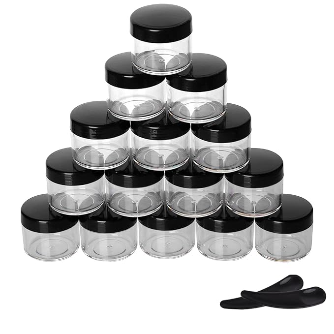 Refillable Cosmetic Sample Jars - 100 Pack 15g (0.5oz) Black Small Travel Containers with Lids + 10 Mini Makeup Spatulas - BPA Free