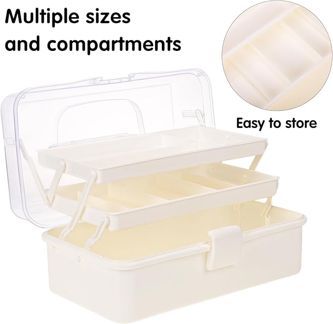 OUTUXED 12.5inch 3-Layer Multipurpose Craft Organizers, Portable Folding Toolbox, Plastic Tool Box with Handle for Sewing Supplies, Medicine, Art Supplies, Nails and Hair Accessories(White)