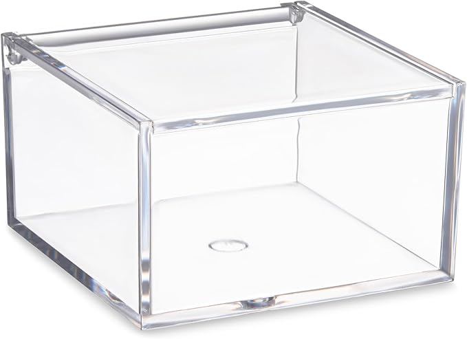 Hammont Clear Acrylic Box with Hinged Lid – Small Plastic Organizer for Office, Desk, Makeup, Crafts, Cotton Balls, Jewelry & More | 4"x4"x2.5" (2 Pack)