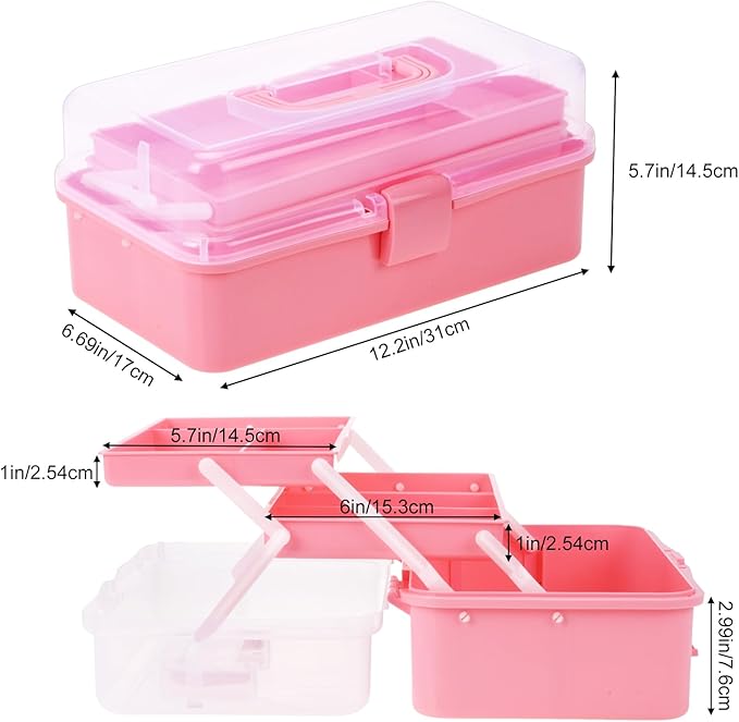 OUTUXED 12.5inch 3-Layer Multipurpose Craft Organizers, Portable Folding Toolbox, Plastic Tool Box with Handle for Sewing Supplies, Medicine, Art Supplies, Nails and Hair Accessories(Pink)