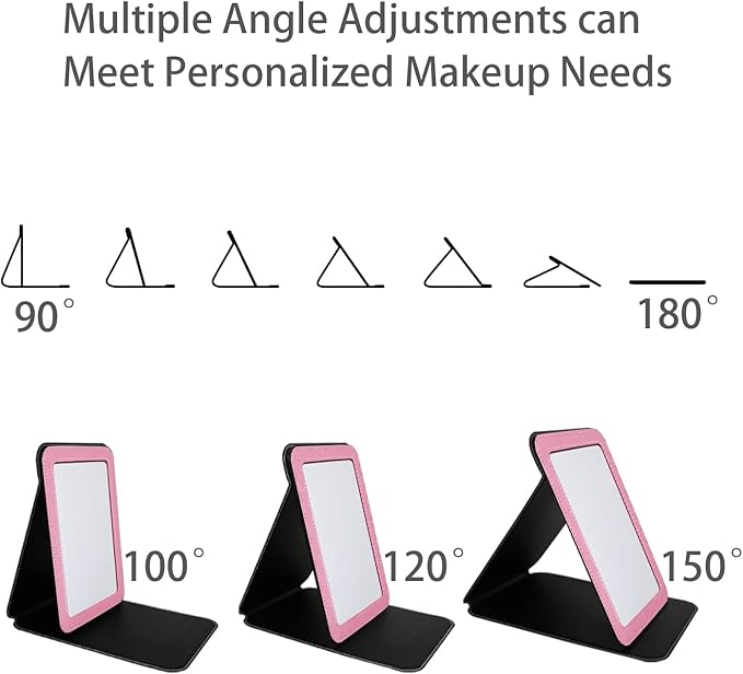 Travel Mirror for Desk, 6.5×8.9” Adjustable Rectangle PU Edge Covering Pink Foldable Desk Mirror with Stand for Travel Camping Home (Pink)
