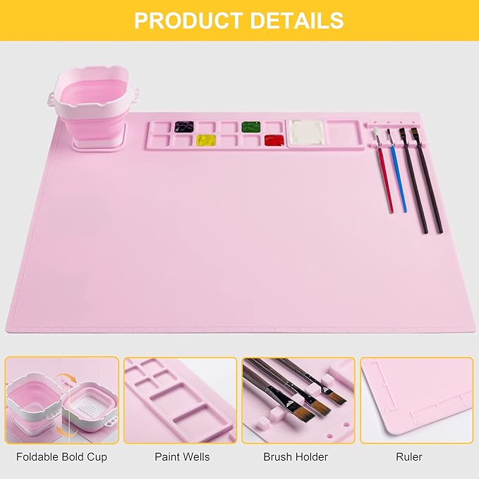 Silicone Painting Mat, Art Mat with Cup, Craft Paint Brush Cleaner Tool, Artist for Kids Gift Clay DIY Creations, Gift Packaged (Pink)