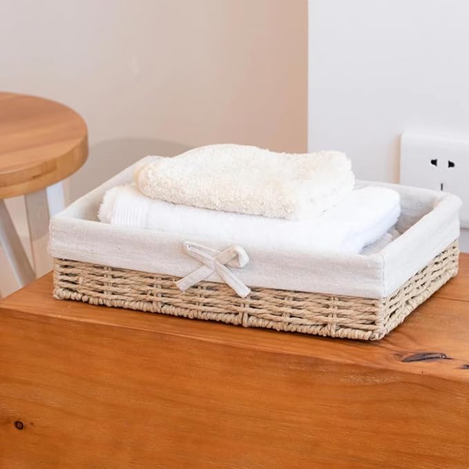 4PCS Wicker Storage Baskets Hand-woven Baskets for Shelves Rattan Basket for Bathroom Storage with Lining Decorative Rectangle Shelf Baskets Set for Pantry Kitchen Bedroom