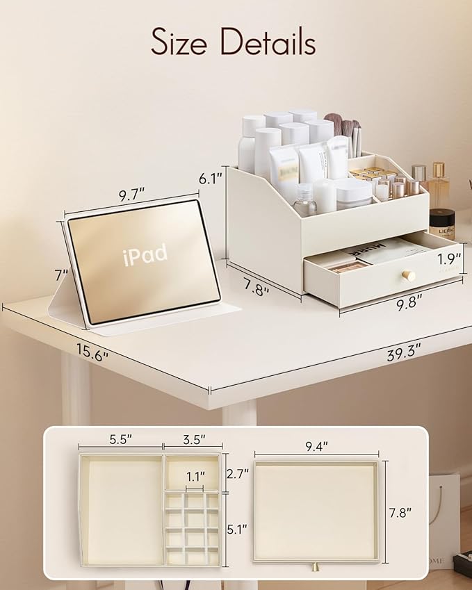 Vlando Makeup Organzier,Vanity Organizer with Drawers, PU Leather Skincare Organizer Perfume Organizer,Large Cosmetic Display Case for Lipstick,Brushes Gifts for Women-Beige
