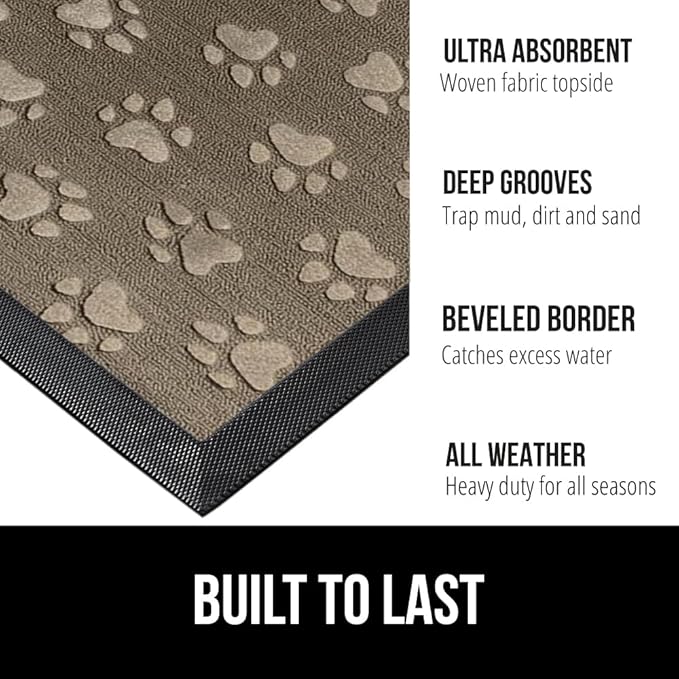 GORILLA GRIP 100% Waterproof All-Season WeatherMAX Doormat, 47x35, US Designed Natural Rubber, Stain and Fade Resistant, Low Profile Indoor Outdoor Door Mats, Easy Clean Patio Mat, Tan Pawprints