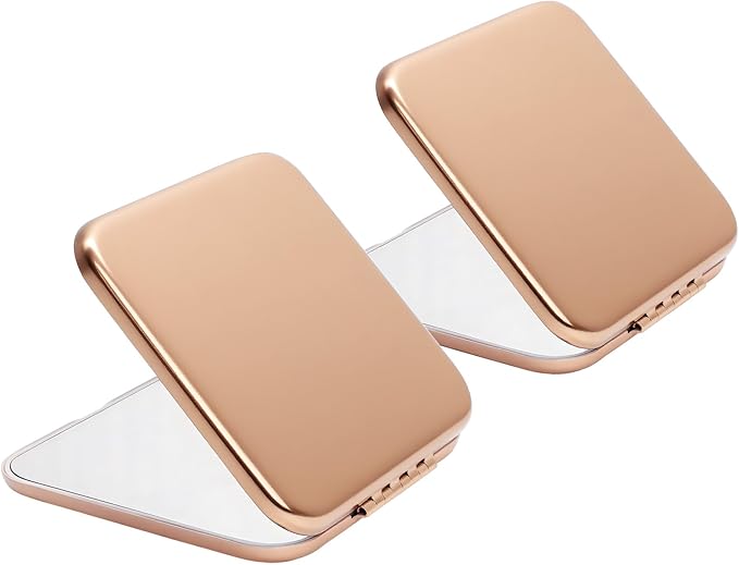 QUSTGO Compact Mirror, Pocket Travel Makeup Mirror for Purse, Metal Square Shell, 2-Sided 1X/2X Magnifying, Portable, Folding, Handheld, Rose,2 Pack