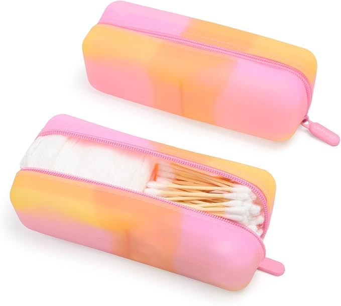 Cotton Pad Swab Travel Case – 2-in-1 Portable Waterproof Qtips Dispenser for Cotton Square Pad & Qtip, Floss, Bobbi Pin, Nail Kit, Hair Accessories Organizer TSA Compliance (Peach Sunrise)