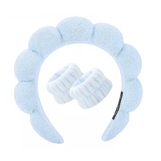 Spa Headband and Wristband Set for Women,Terry Cloth Sponge Headband for Washing Face,Makeup,Facial Mask and Skincare (Blue, One Size)