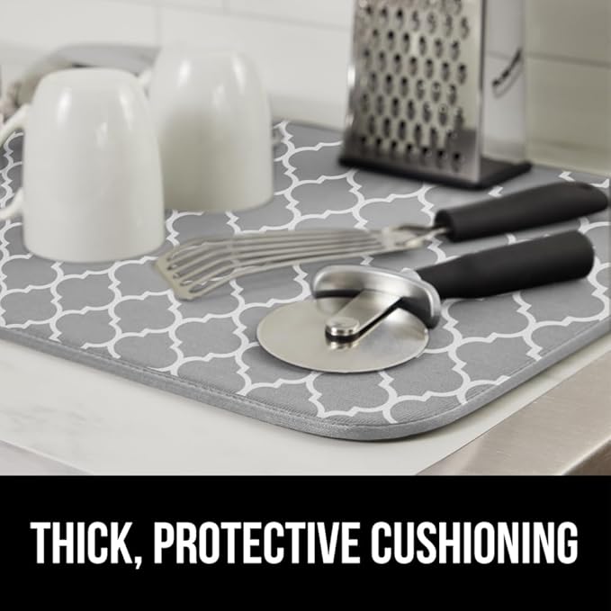 GORILLA GRIP Ultra Water Absorbent Microfiber Dish Drying Mat, 18x32, Quick Dry Thick Mesh, Slip Resistant Pad for Sink Dishes or Under Rack, Kitchen Counter Accessories, Machine Wash Mats, Quatrefoil