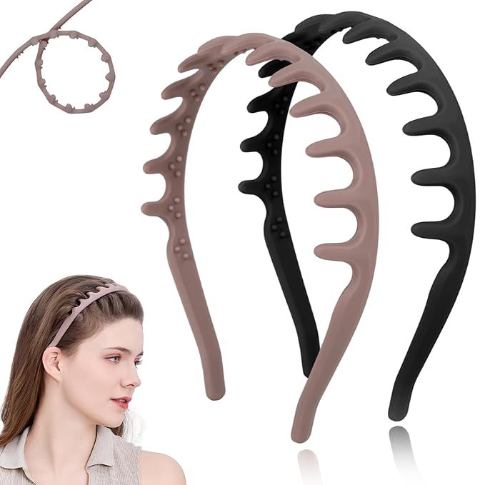 Silicone Headbands for Women Non Slip Comb Headband with Teeth Non-Crackable Hair bands for Women's Hair Fashion Accessories (Black&Khaki 2PC, 1 Count (Pack of 2))