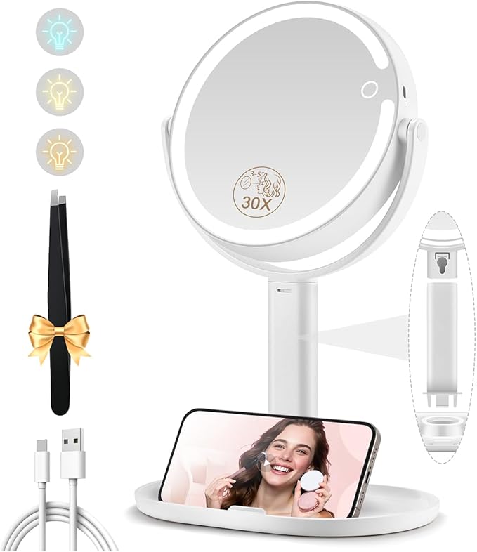 MOMOKUBA Makeup Mirror with Lights, Double Sided 1x/30x Magnifying Mirror with Light, Rechargeable 3 Color Lights and Adjustable Brightness, 360° Rotation Detachable Comes with Tweezer(White-30X)