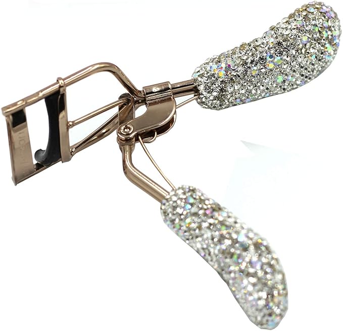 Bling Rhinestones Makeup Eyelash Curler with Refill Silicone Pressure Pads and Spring Loaded for No Pinching or Pulling (Silver)