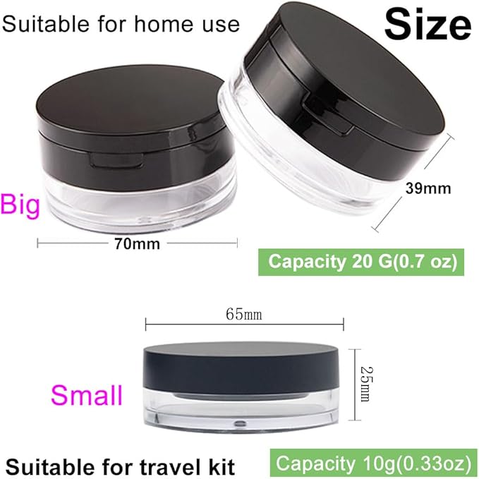 1 Pcs 20g(0.7 oz) And 1 Pcs 10g(0.33 oz) No Leaks Empty Reusable Plastic Loose Powder Container,Sponge Powder Puff,Elasticated Net Sifter,DIY Foundation Makeup Tool (2 Cases)
