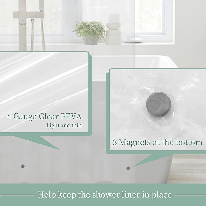 Mrs Awesome Clear Shower Curtain Liner with 3 Magnets, 69x70 Premium Flexible Sturdy Plastic Shower Curtain for Bathroom Lightweight, Waterproof, Clear