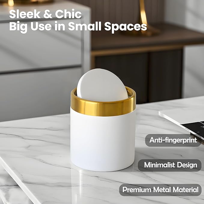 Mini Trash Can with Lid, 1.5 Liter / 0.4 Gallon Small Metal Desk Garbage Bin for Countertop, Coffee Bar, Vanity – White