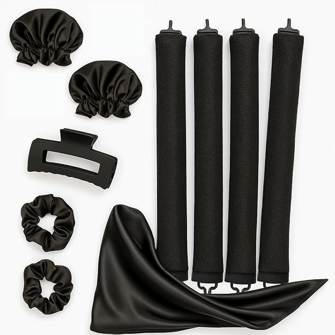 Heatless Hair Curler Set – Satin Foam Curling Rods for Long & Short Hair, No-Heat Overnight Hair Rollers for Women, Includes 4 Jumbo Rods, Wrap Scarf, Clip, Scrunchies & Protective Covers (Black)
