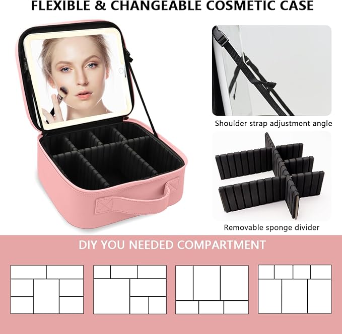 Travel Makeup Bag for Makeup Artists Large Makeup Case,with Mirror 3 Color Setting and Detachable 10x Magnifying Mirror Travel Makeup Bag,Portable Storage and Adjustable Dividers（pink）