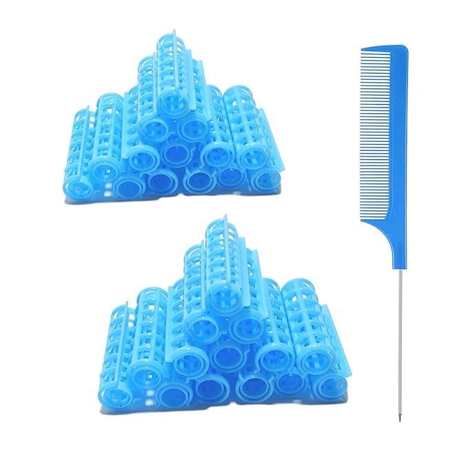 28PCS Small Rollers for Short Hair, 0.6in No Heat Tiny Curlers With Clips Small Roller Hair Curlers Set Mini Snap-On Plastic Hair Rollers(Blue)