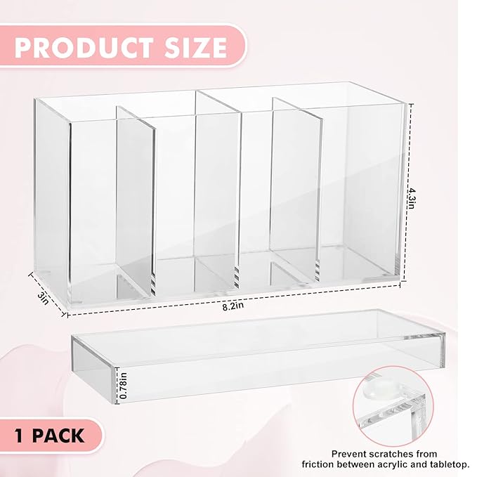 1 Pack 4 Compartment Acrylic Makeup Organizer with Lid Lash Cart Organizer for Lash Techs Bathroom Storage with 4 Tray Eyelash Mascara Brushes Supplies Brush Holder for Cosmetics or Office Supplies