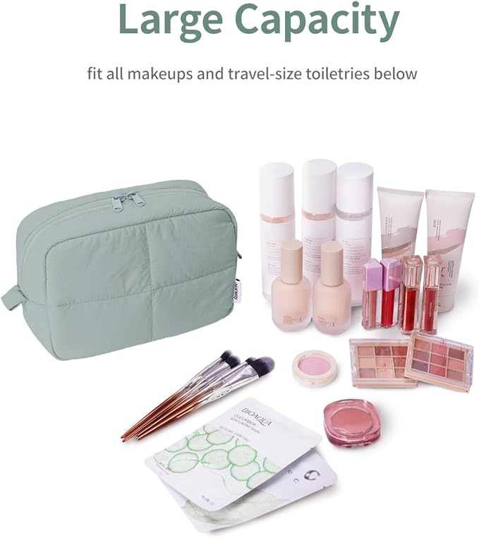 Narwey Makeup Bag Women Girls, Travel Toiletry Bag for Women, Puffy Cute Cosmetic Bag Organizer Make up Bag with Compartments (Sage Green)