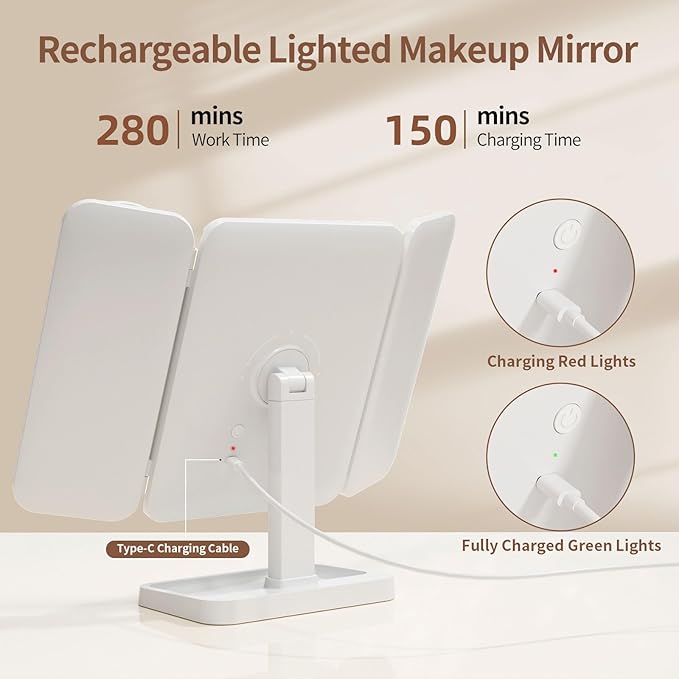 Lighted Makeup Mirror with 75 LEDs, Rechargeable Vanity Mirror with 1X/2X/3X/10X Magnification, 3 Color Modes & Touch Dimming, Portable Folding Mirror for Travel Desk, Gifts for Women & Girls