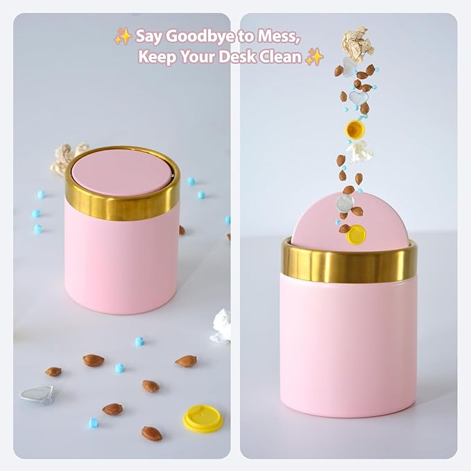 Mini Trash Can with Lid, 1.5 Liter / 0.4 Gallon Small Metal Desk Garbage Bin for Countertop, Coffee Bar, Vanity – Pink