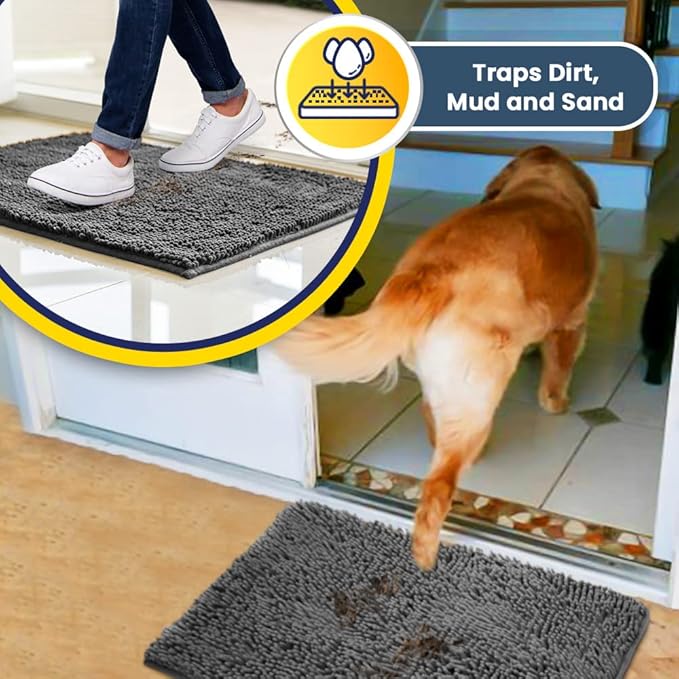 Muddy Mat® | Super Absorbent Door Mat Indoor, Microfiber Quick Dry Chenille Entryway Rug, Non-Slip Front Door Mat, Indoor Mats for Entryway, Machine Washable Pet Rug, Grey 59"x35"