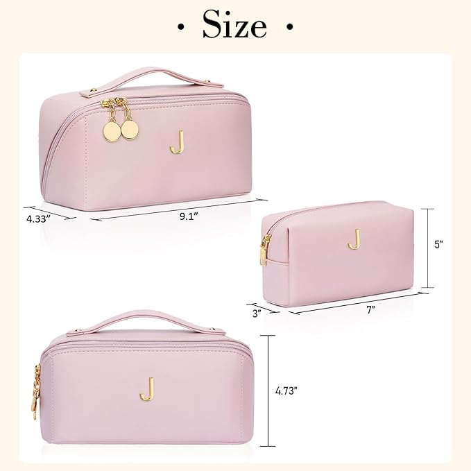 Birthday Gifts for Women Teen Girl, Personalized Initial Makeup Organizer Bag Set, Open Flat Travel Cosmetic Bag With Clear Divider and Handle(Pink,J)