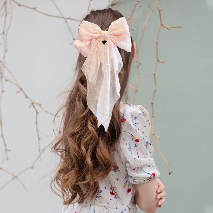 3 Pieces Large Hair Bows with Long Tail for Women and Girls - Big Plain Color Bowknot Barrettes in Bright Colors