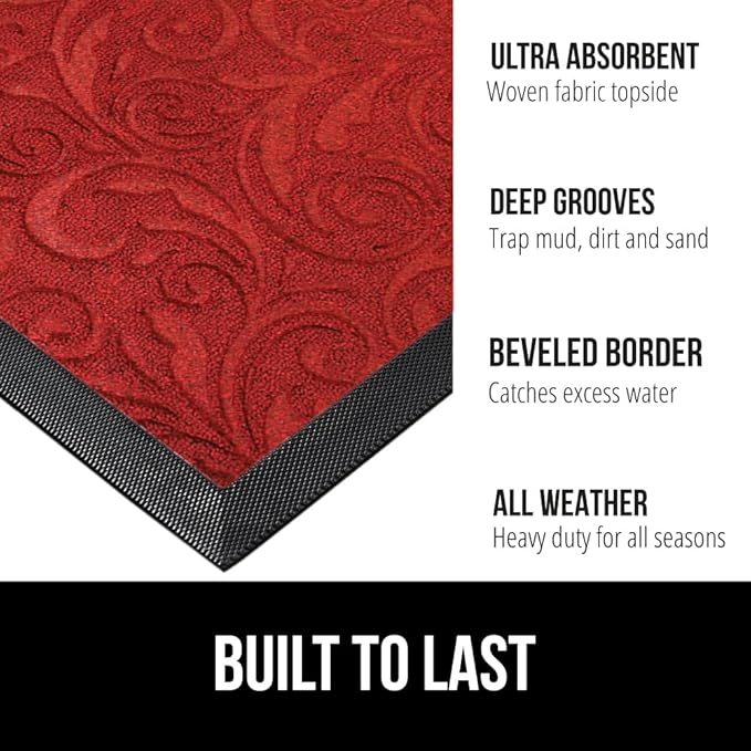 GORILLA GRIP 100% Waterproof All-Season WeatherMAX Doormat 35x23, US Designed Natural Rubber, Stain and Fade Resistant, Low Profile Indoor Outdoor Door Mats, Easy Clean Patio Mat, Red Vintage Wine