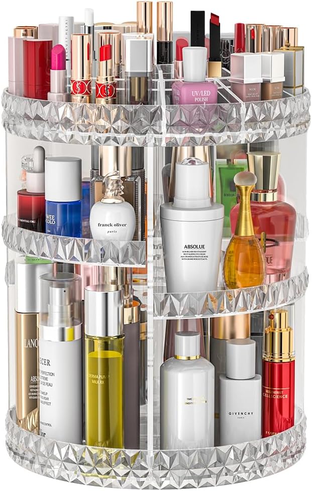 360 Rotating Makeup Organizer, DIY Adjustable Makeup Carousel Spinning Holder Storage Rack, Large Capacity Vanity Organizer Skincare Organizers (Clear)