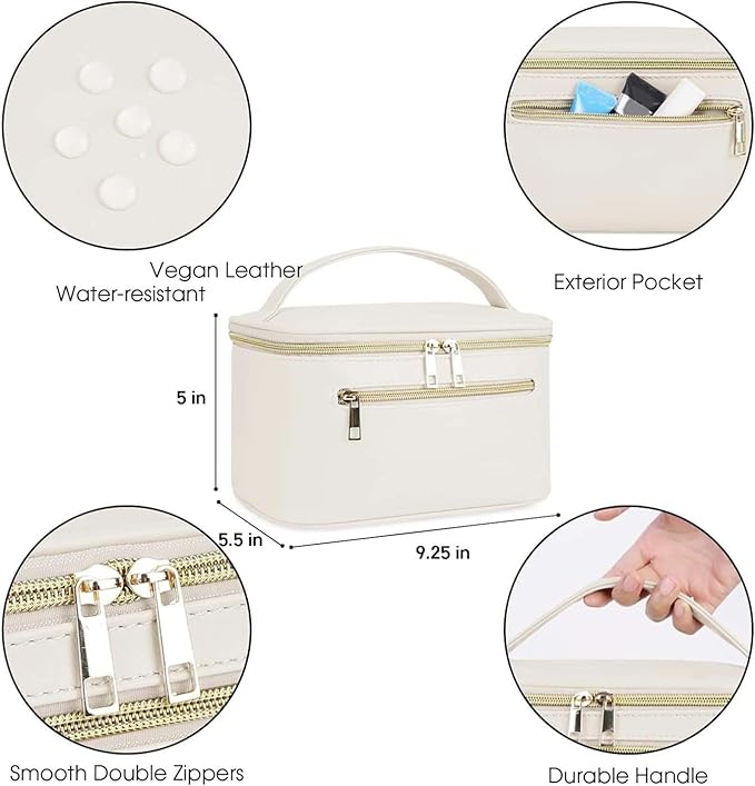 Wandering Nature Makeup Bag, Travel Make Up Organizer Cosmetic Brush Bags Case for Women in Vegan Leather, Milky White, Patent Pending