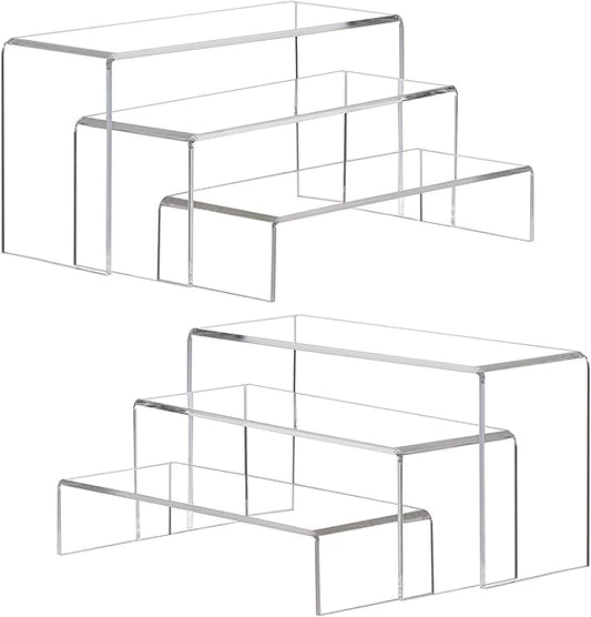 ANDGOO Large Acrylic Display Risers, 2 Sets(11.2”L~11.6”L~12”L) Clear Rectangular Showcase Collectibles Display Shelf, Retail Desktop Risers Display Stand for Organize and Decoration