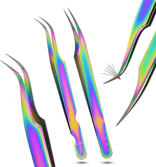 2pcs Fiber Tip Tweezers for Lash Extensions – Curved Tip Base Cut & Isolation Tweezers Set, Precision Stainless Steel Eyelash Extension Tools, Non-Slip Grip, Professional Lash Applicator (Multi)