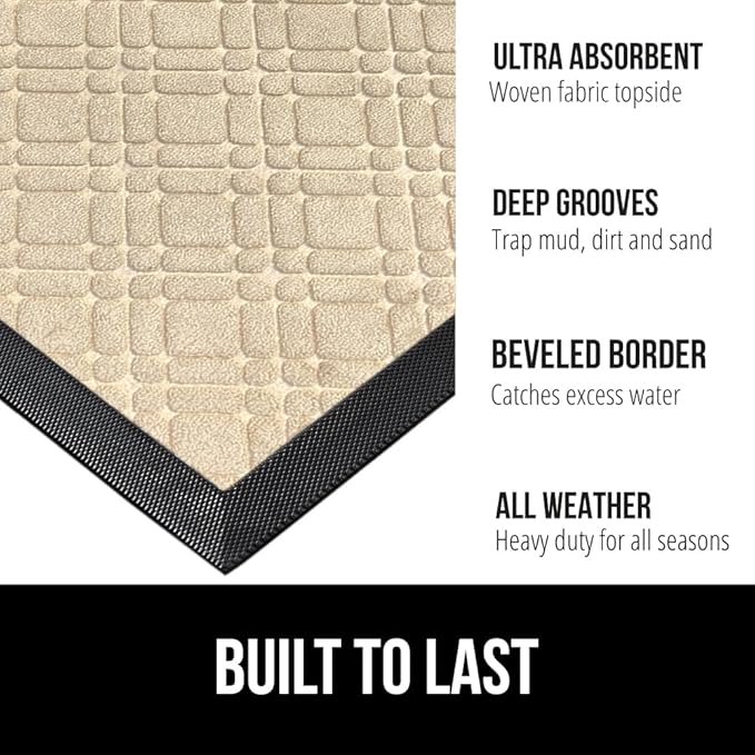 GORILLA GRIP 100% Waterproof All-Season WeatherMAX Doormat, 72x24, US Designed Natural Rubber, Stain and Fade Resistant, Low Profile Indoor Outdoor Door Mats, Easy Clean Patio Mat, Modern Latte