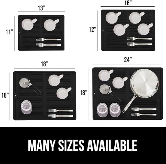 GORILLA GRIP 100% BPA-Free Patented Silicone Dish Drying Mat for Kitchen Counter, Water Catching Ribbed Design, Easy Clean Waterproof Sink Liner, Heat Resistant, Fits Under Rack, 12x16 Inch, Black