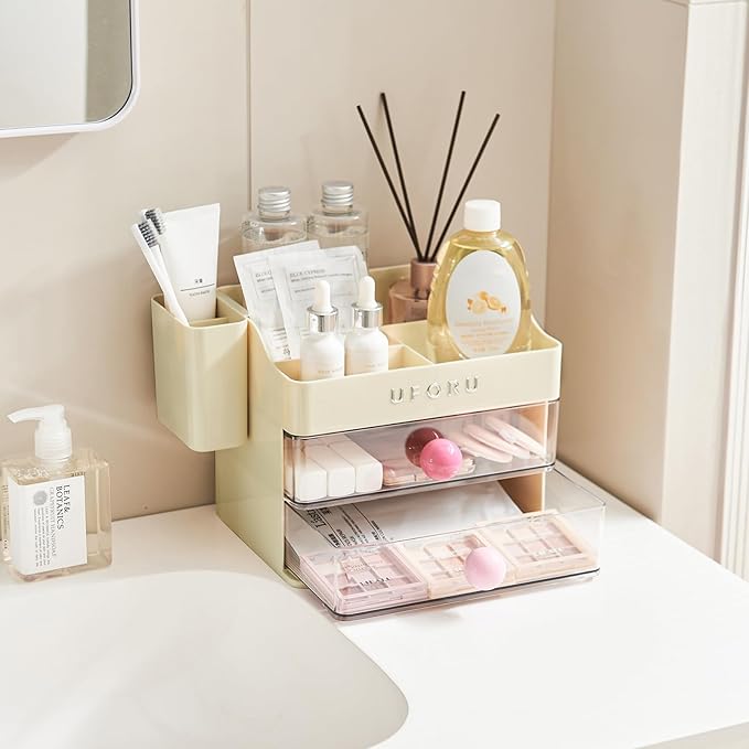 Makeup Organizer for Vanity with Brush Holder, Countertop Skincare Organizer with 2 Drawers, Spacious Cosmetic Display Case for Perfumes, Eyeshadow Palettes, Nail Polishes