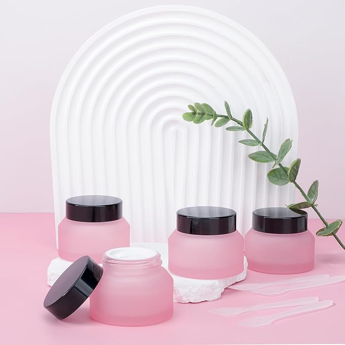 Segbeauty 1.7oz Small Frosted Glass Containers with Lids, Small Refillable Glass Jar for Lotion Cream Jars with Lids, Pink Travel Size Containers 4pcs 50ml, Empty Travel Size Bottles Jar with Spatulas