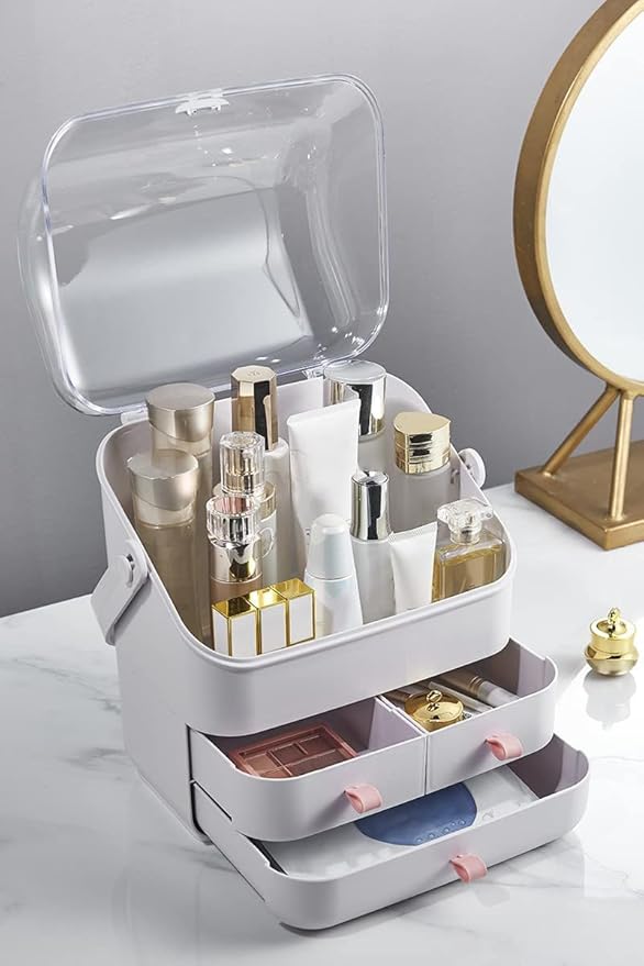 LINFIDITE Cosmetic Storage Box with Lid Makeup Organizer Box with Dust Free Cover Portable Handle,Large Makeup Display Case with Drawers Fully Open Lid,Great for Dresser Bathroom Countertop