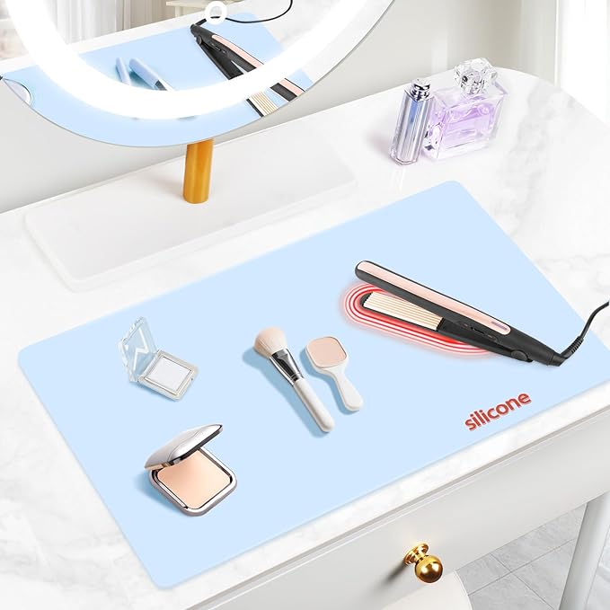 Silicone Makeup Mat for Vanity, 23.6" x 15.7" Heat Resistant Vanity Mat, Easy to Clean & Waterproof, Portable Makeup Accessories for Use While Traveling (Light Blue)