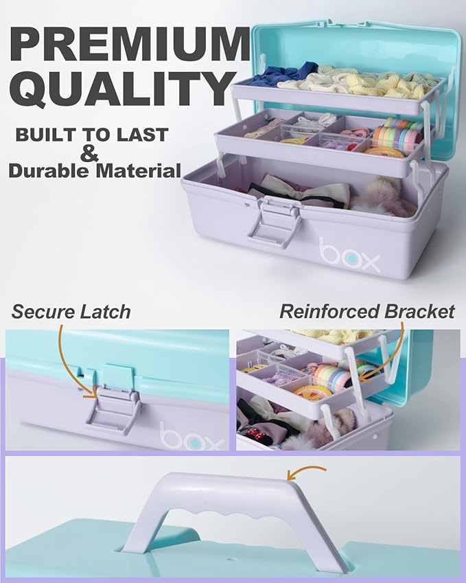 12in 3-Layer Plastic Craft Organizers and Storage, Portable Folding Tackle Box with Handle & Adjustable Dividers, Multipurpose Case for Sewing, Art Supplies, Medicine, Tools (Purple Blue)