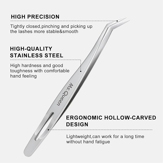 Ms.Queen Lash Tweezers for Lash Extensions,Professional 45 Degree Long Ultra-Firm tip Eyelash Tweezers for Isolation,Volume and Premade Fans Lashing