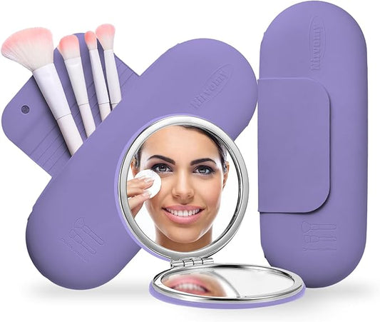 Travel Makeup Brush Holder, Silicone Makeup Brush Organizer, Dirt-Resistant Easy to Clean Makeup Brush Bag with Anti-Fall Out Magnetic Closure, Travel Essentials for Women (Lavender)