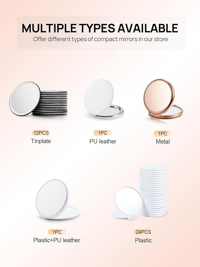 Compact Mirror for Purse, Pack of 6 Double-Sided 1X/2X Magnifying Round Metal Pocket Makeup Mirrors (Round, Pink Marshmallow)