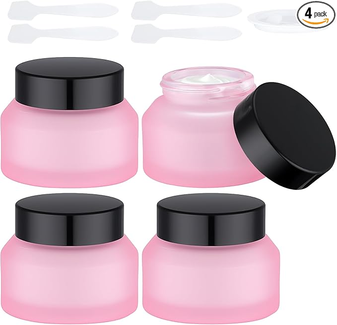 Segbeauty 1.7oz Small Frosted Glass Containers with Lids, Small Refillable Glass Jar for Lotion Cream Jars with Lids, Pink Travel Size Containers 4pcs 50ml, Empty Travel Size Bottles Jar with Spatulas