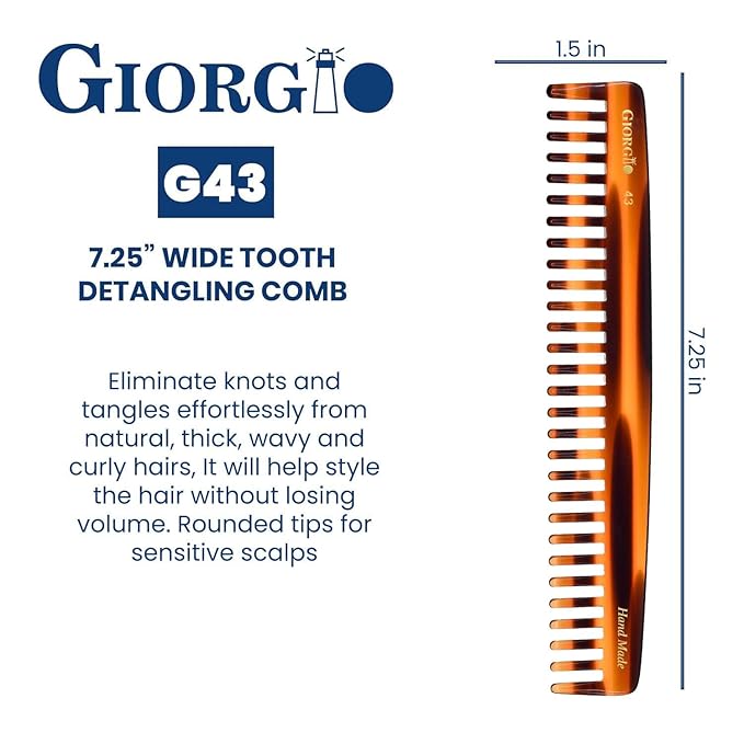 Giorgio G43 Large 7.25 Inch Hair Detangling Comb, Wide Teeth for Long Thick Curly Wavy Hair. Detangler Comb For Wet and Dry Hairs. Handmade of Quality Cellulose, Saw-Cut, Hand Polished, Tortoise Shell